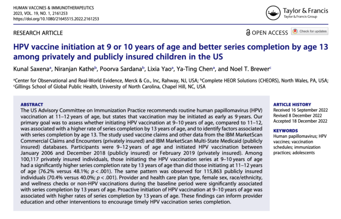 HPV vaccine initiation at 9 or 10 years of age and better series completion by age 13 among privately and publicly insured children in the US